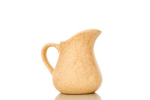 One Ceramic Milk Jug, Close-up, Isolated On A White Background.