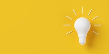 Single White Light Bulb Over Yellow Background With Rays, Energy, Idea Or Innovation Concept