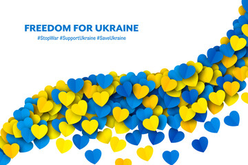 Freedom For Ukraine Vector Falling Yellow Blue Paper Hearts Curved Border Isolated On White Background. Stay Solidarity And Pray For Ukraine Wallpaper. Ukrainian National Flag Colours Abstract Artwork