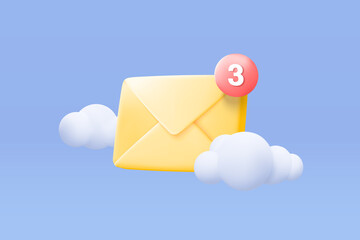 3d mail envelope icon with notification new message on blue sky cloud background. Minimal email letter with bubble unread icon. message concept 3d vector render isolated blue pastel background