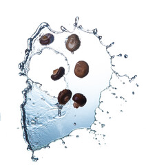 Sticker - Shiitake mushroom with water splash against a white background, flying food