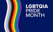 LGBTQ+ Pride Month Banner. LGBTQIA Pride Month Text on Dark Blue Background with Pride Flag Illustration