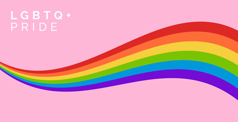 Pride Banner with LGBTQ Rainbow Flag Wave. Pride Month Web Banner Vector Illustration. Pride Rainbow Flag Wave Design Element on Pink Background for LGBTQ+ Pride Month