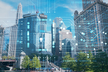 Panorama cityscape of Chicago downtown and Riverwalk, boardwalk with bridges at day time, Chicago, Illinois, USA. The concept of cyber security to protect companies confidential information