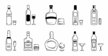 Set Of Various Alcoholic Drinks And Glasses In Doodle Style. Bottles Of Beer, Cognac, Gin, Liquor, Martini, Whiskey, Rum And Other Things In Outline Style.Vector Elements For Menu, Bar, Banner, Poster