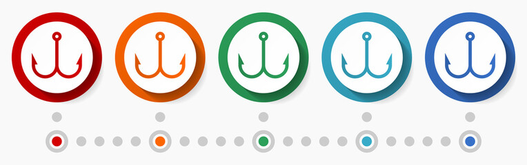 Aufkleber - Hook, fishing concept vector icon set, infographic template, flat design colorful web buttons in 5 color options