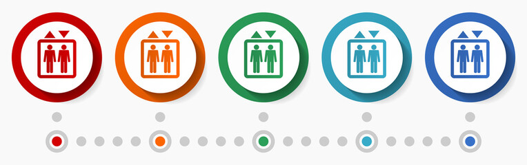 Poster - Elevator, lift concept vector icon set, infographic template, flat design colorful web buttons in 5 color options