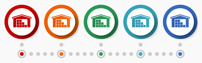 Aufkleber - Warehouse, store concept vector icon set, infographic template, flat design colorful web buttons in 5 color options