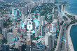 Aerial panorama city of Chicago downtown area and Lake, day time, Illinois, USA. Birds eye view, skyscrapers, financial district. The concept of cyber security to protect confidential information