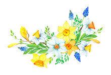 Watercolor Spring Flowers, Daffodils, Muscari Bouquet, Border, Frame. Floral, Botanical Hand Painted Illustration Isolated On White. Spring Wedding Invitation, Greeting Card, Postcard, Poster, Print