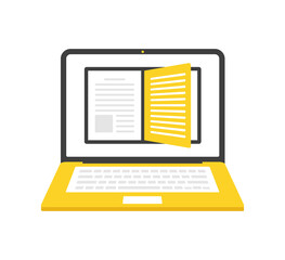 Wall Mural - online library. laptop and open book on screen. flat vector illustration. reading, education, ebook,