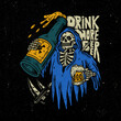 © Lemonkey - Grim reaper drink more beer illustration.