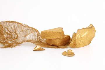 Empty texture gold stone platform eco podium on light copy space background. Minimal still life display product presentation scene.