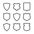 Collection of icons of shields of various shapes. Military or heraldic shield (armorial shield). Isolated raster illustration on a white background.