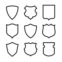 Collection of icons of shields of various shapes. Military or heraldic shield (armorial shield). Isolated raster illustration on a white background.