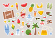 Set of cute vector summer stickers for diary. Collection of scrapbooking elements for beach party: cocktail, bag, ice cream, bikini, food, drinks, palm leaves, and tropical  fruits