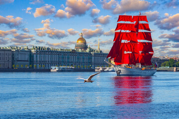 Wall Mural - Saint Petersburg attractions. Russia cityscape. Panorama of Saint Petersburg with Neva river. Scarlet Sails Festival. Isaac's Cathedral in distance. Panorama Petersburg with blue sky. Tour to Russia