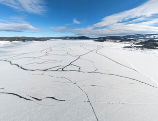 Aerial winter panorama of Batak Reservoir, Bulgaria