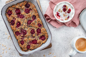 Wall Mural - Baked Oatmeal with berry - Healthy breakfast with Oatmeal, chia seeds and cherry berry