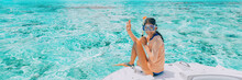 Woman Going Snorkeling In Pefect Clear Water At Coral Reef. Happy Tourist On Luxury Vacation Getaway On Cruise Ship Luxury Yacht Private Charter Swim Tour Of Coral Reefs
