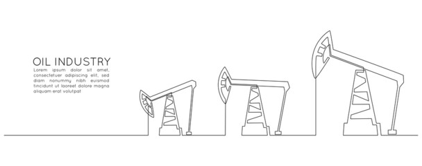 Aufkleber - Oil pumps jacks of One continuous line drawing. Pump station and derrick petroleum production and trade industry in simple linear style. Energy crisis concept. Editable stroke. Vector illustration