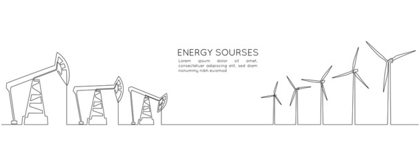 Poster - One continuous line drawing of Oil pumps jacks and wind turbines. Concept of Renewable and Non renewable sources in simple linear style. Editable stroke. Doodle vector illustration