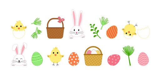 Wall Mural - Easter vector cute set, cartoon rabbit and egg hunt, spring basket, chick with shell, happy bunny isolated on white background. Holiday illustration