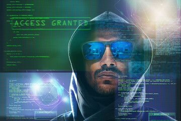 Aufkleber - I laugh at your puny firewall. Portrait of a menacing computer hacker posing against a dark background in studio.