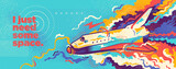 Fototapeta Młodzieżowe - Abstract lifestyle graffiti design with space shuttle and colorful splashing shapes. Vector illustration.