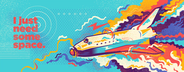 Wall Mural - abstract lifestyle graffiti design with space shuttle and colorful splashing shapes. vector illustra