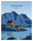 Fototapeta  - lofoten Norway landscape background.Bay view with buildings vector illustration. suitable for poster, postcard, art print.