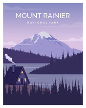 Mount Rainier National Park Landscape Illustration Background. Suitable For Poster Design, Travel Poster, Postcard, Art Print.