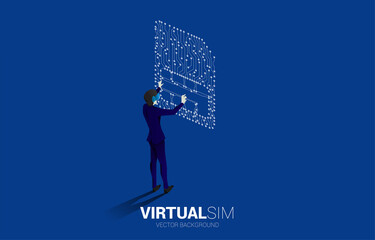 Poster - Silhouette man wear VR glasses and dot connect line shaped sim card icon. Concept for mobile sim card technology and network.