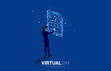 Poster - Silhouette man wear VR glasses and dot connect line shaped sim card icon. Concept for mobile sim card technology and network.