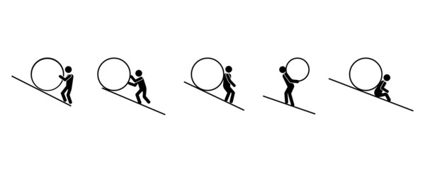 Cartoon sisyphus is pushing for concept design. Vector illustration. stock image.