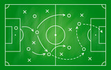 Soccer strategy, football game tactic drawing on chalkboard. Hand drawn soccer game scheme, learning diagram with arrows and players on greenboard, sport plan vector illustration