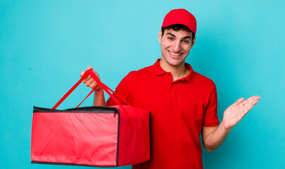 Poster - handsome hispanic man feeling happy, surprised realizing a solution or idea. delivery pizza concept