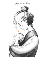 hand drawn graphic postcard with illustration of a mother holding a baby in her arms isolated on whi