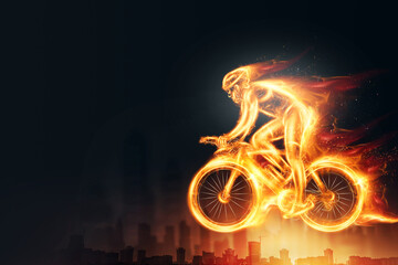 Fast Cyclist with flames side view, rides very fast, neon blue hologram. Cycling race, cycling competition. 3D illustration, 3D render, copy space.