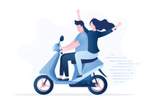 Couple In Love Rides Motorbike. Traveling On Two Wheeler. People Ride Motorcycle. Male Driver And Happy Girl Passenger. Characters In Trendy Blue Colors Style.