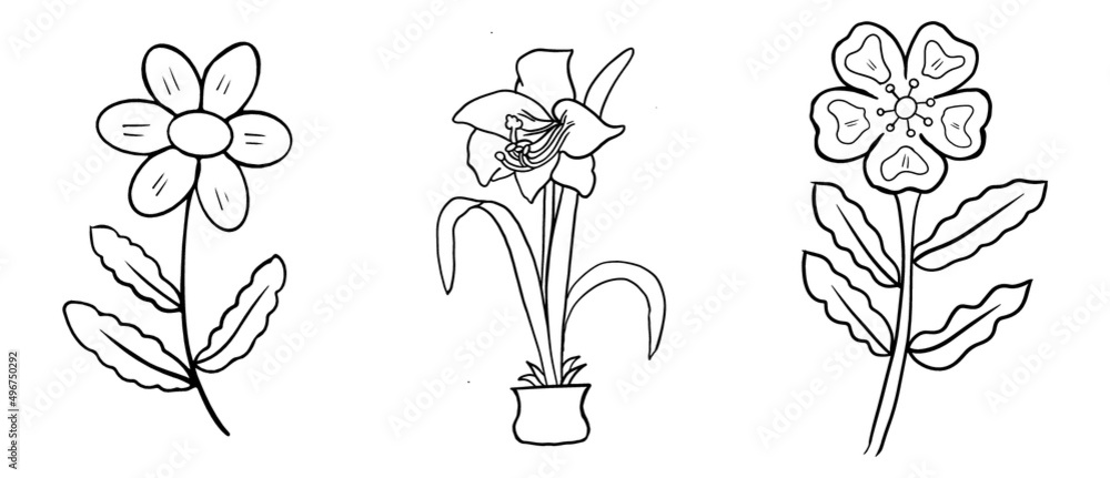 Hand drawn flower coloring page line art vector blank printable design ...