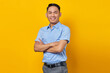 © Bangun Stock Photo - portrait of smiling young asian man in glasses holding hands together and feels optimistic isolated on yellow background. businessman and entrepreneur concept