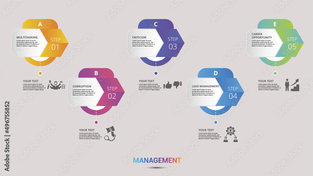 Infographic Management icons vector illustration. 5 colored steps info ...