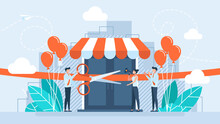 Grand Opening Concept. A Businessman Holding Scissors In His Hand Cuts A Red Ribbon. Advertising New Business. The Ceremony, Celebration, Presentation And Event. Vector Illustration Flat Design.
