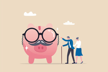 Wall Mural - Retirement savings plan, pension fund or investment for elderly, 401k or financial asset for retiree, profit, earning and growth concept, elderly retiree couple stand with wealthy old aged piggy bank.