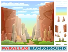 Rocky Mountain Gorge. Set For Parallax Effect. Grass And Road. Stone Rocky Landscape. High Peaks And Cliffs. Sky With Clouds. Illustration Vector