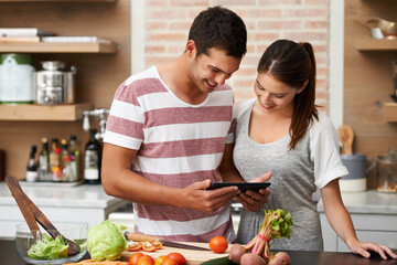 Sticker - Thousands of recipes in the palm of my hand. Shot of a young couple using their tablet in the kitchen.