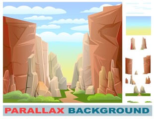 Rocky mountain gorge. Set for parallax effect. Grass and road. Stone rocky landscape. High peaks and cliffs. Sky with clouds. Illustration vector