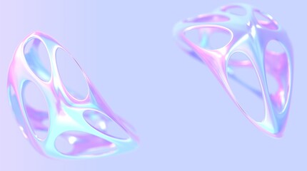 3D holographic background with abstract metal shapes, chromatic hollow objects with holes, futuristic design element with gradient pearlescent texture. Modern iridescent wallpaper, 3D render