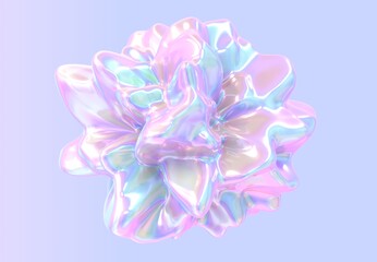 Abstract fluid holographic shape, chromatic liquid with gradient iridescent texture, flowing composition in form flower or colorful explosion, glossy sculpture isolated on purple background, 3d render